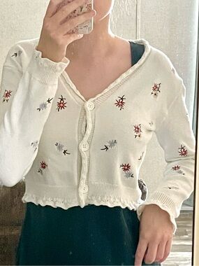 White Embroidered Cropped V-Neck Cardigan Sweater
